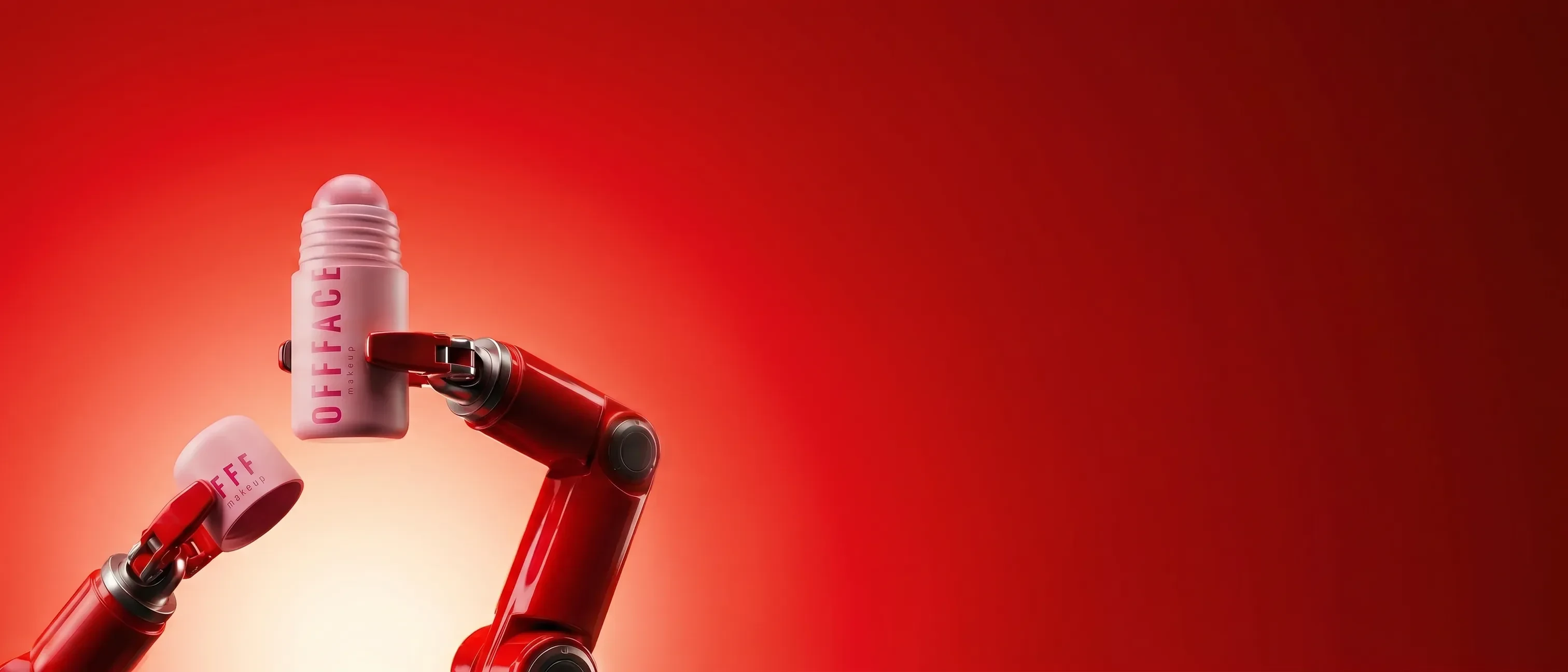 Beauty product held by a robotic arm on bold red